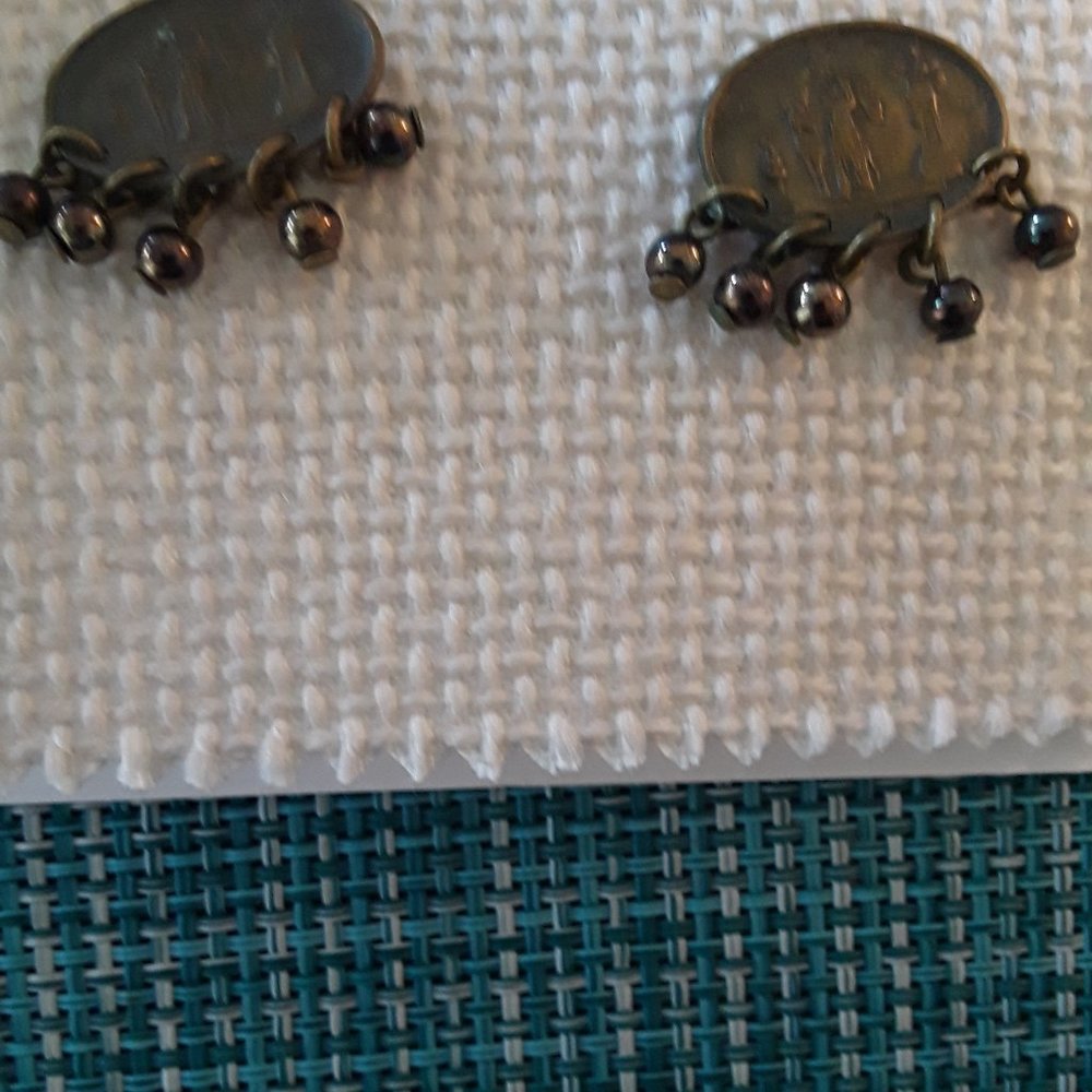 WOMENS UNIQUE POST STUD EARRINGS W/ TINY DANGLE BALLS BRASS COLORED